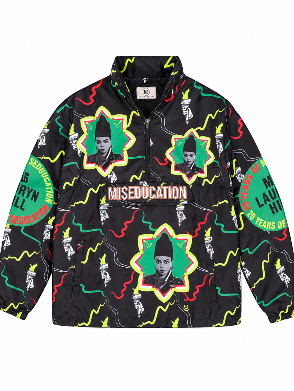 Melody Ehsani Lauryn Hill Miseducation L Black Graphic Quarter Zip Jacket NWT